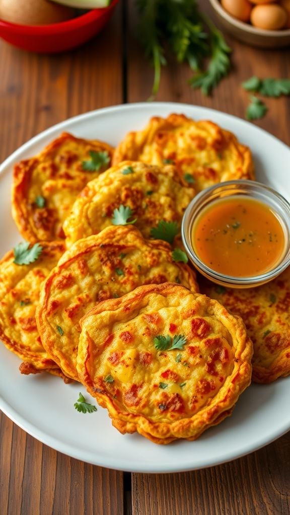 Crispy vegetable fritters on a plate, garnished with herbs and served with dipping sauce.